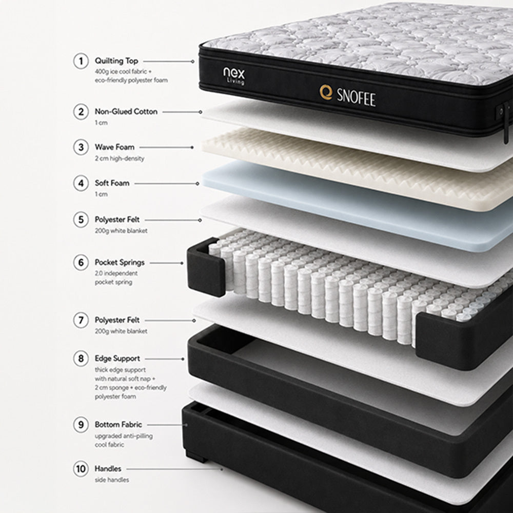 NEX SNOFEE, a cooler sleep experience with IceCool Temperature Technology. | 10 years warranty